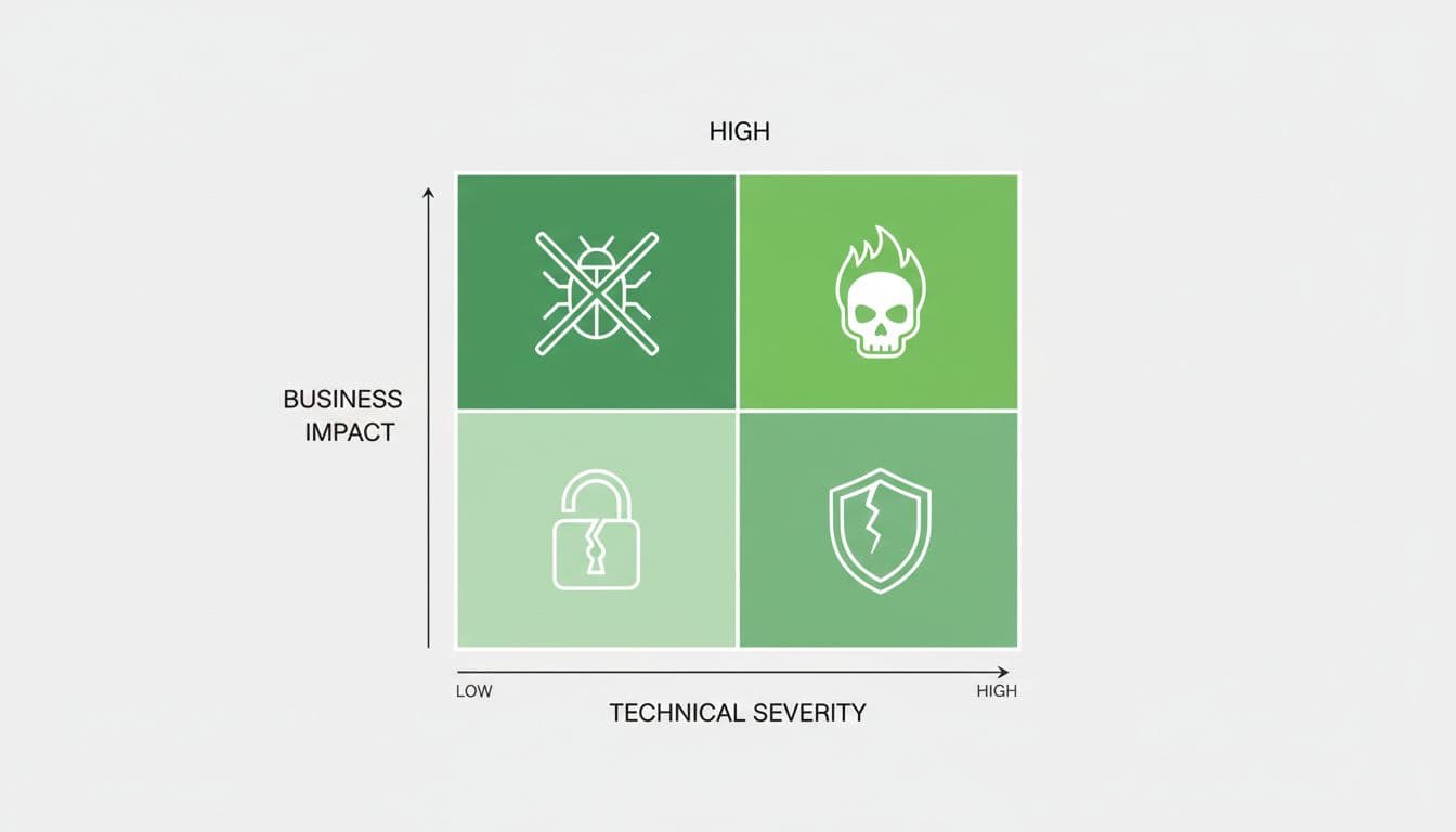 Modern illustration of a 2x2 risk prioritization matrix with technical severity (low to high) on the horizontal axis and business impact (low to high) on the vertical axis. Quadrants shaded with increasing intensity culminating in green in the high-high quadrant, featuring vulnerability icons in each.