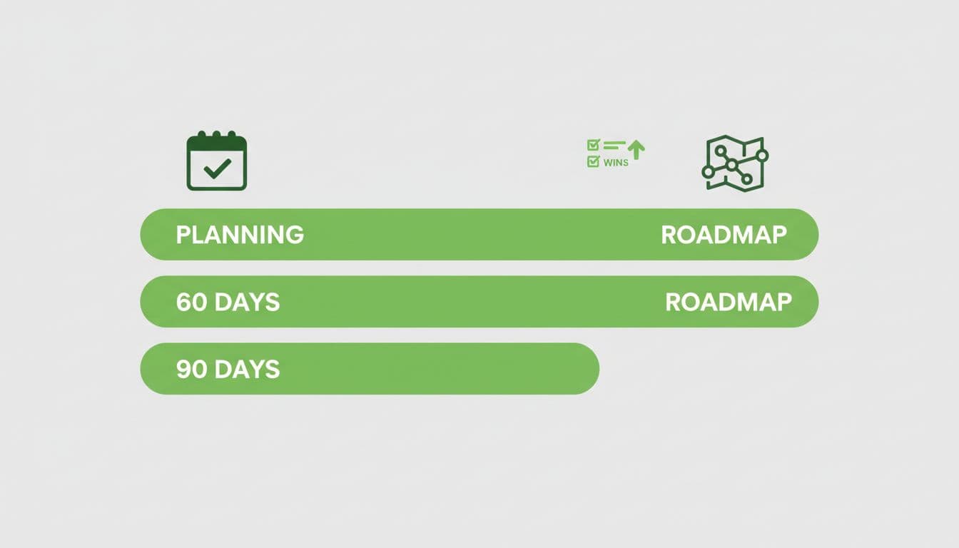 Modern horizontal timeline illustration featuring 30-60-90 days with simple icons for planning, wins, and roadmap, using green bars on a neutral background.