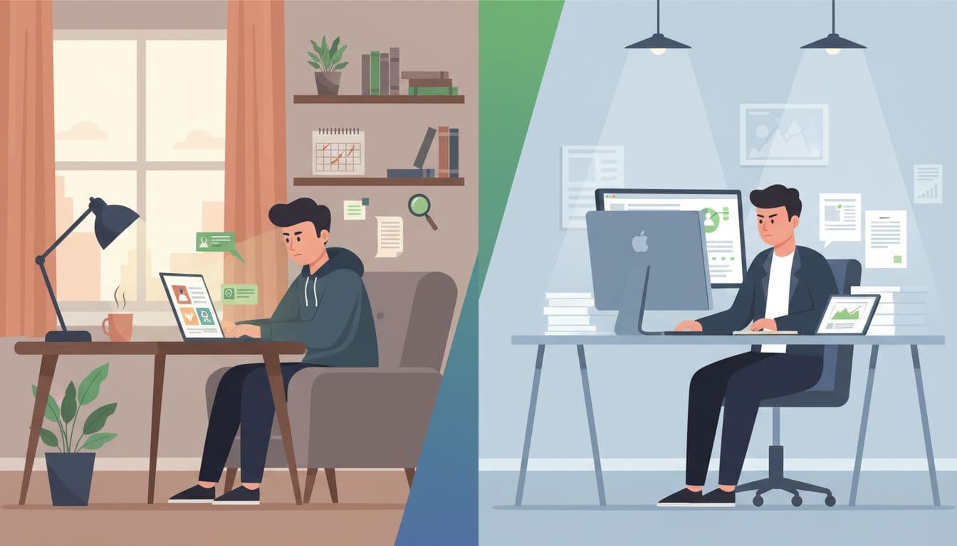 Split-scene illustration contrasting an eager active job seeker browsing job boards on a laptop at home (left) with a focused passive candidate working at an office desk (right), in modern style with clean shapes and #22C55E accents.