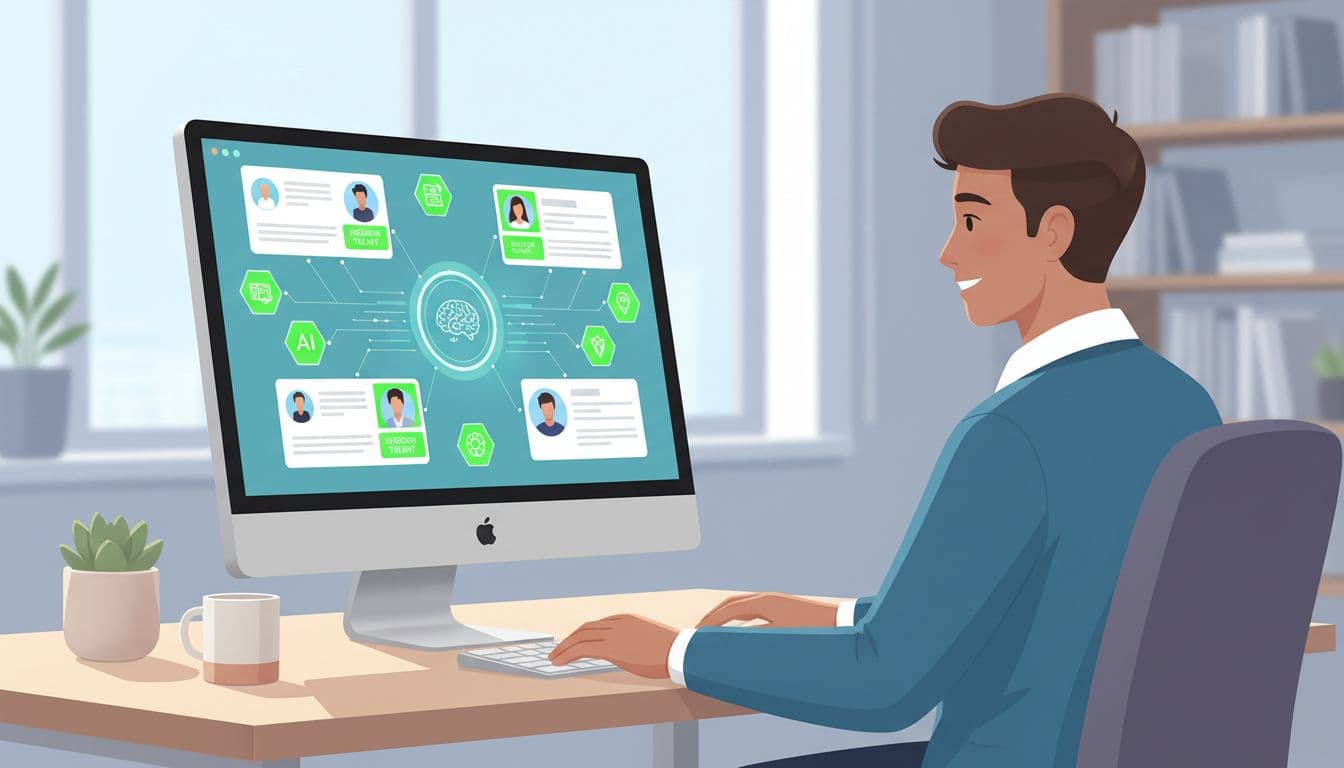 Modern illustration of a recruiter in a home office using an AI dashboard on their computer screen to source candidates, with profiles highlighted in green accents and abstract icons.