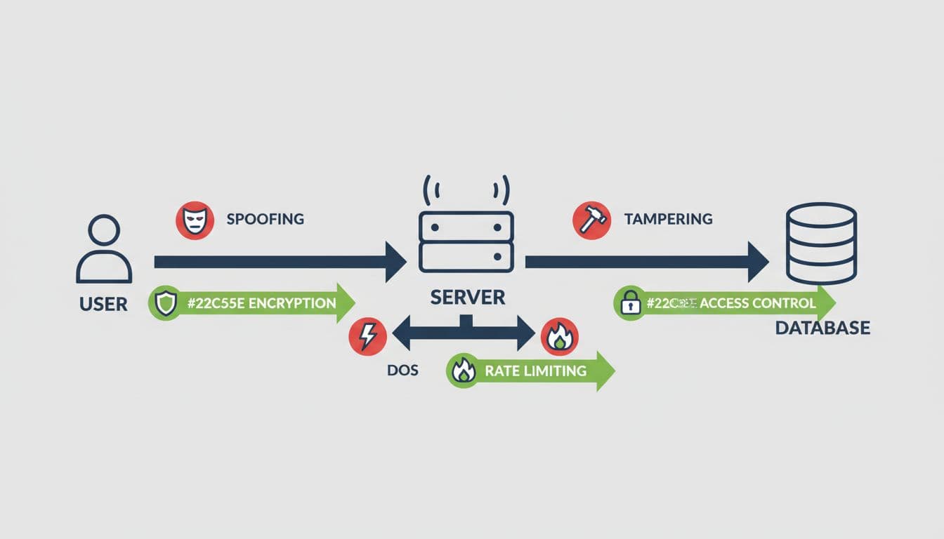 Modern illustration of the application security threat modeling process, showing a data flow diagram with server, user, and database connected by arrows, threat icons like spoofing and tampering on arrows, and mitigations highlighted in green on a neutral background.