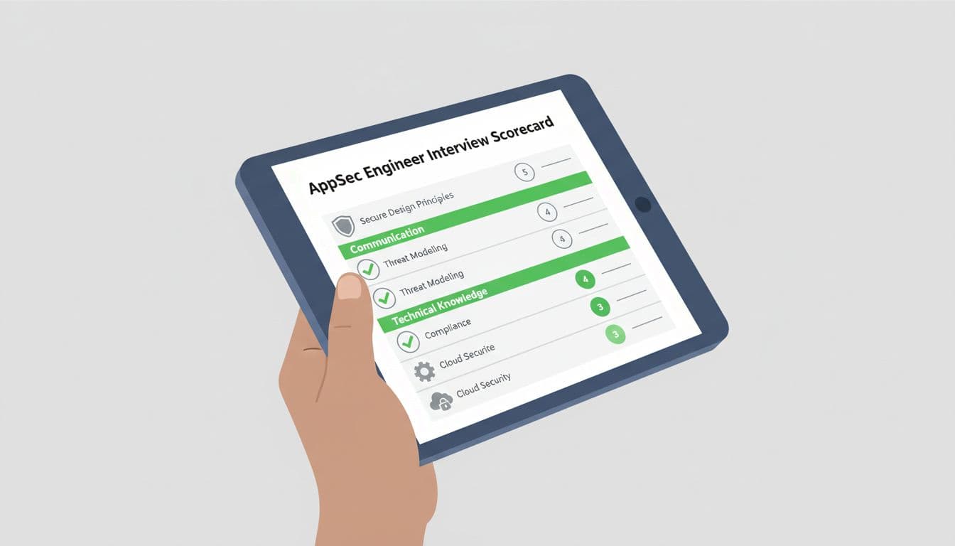 Modern illustration of an interviewer holding a digital tablet displaying a simple scorecard for an AppSec engineer interview, featuring checklist icons with scores, clean shapes, green highlights, and a neutral background.