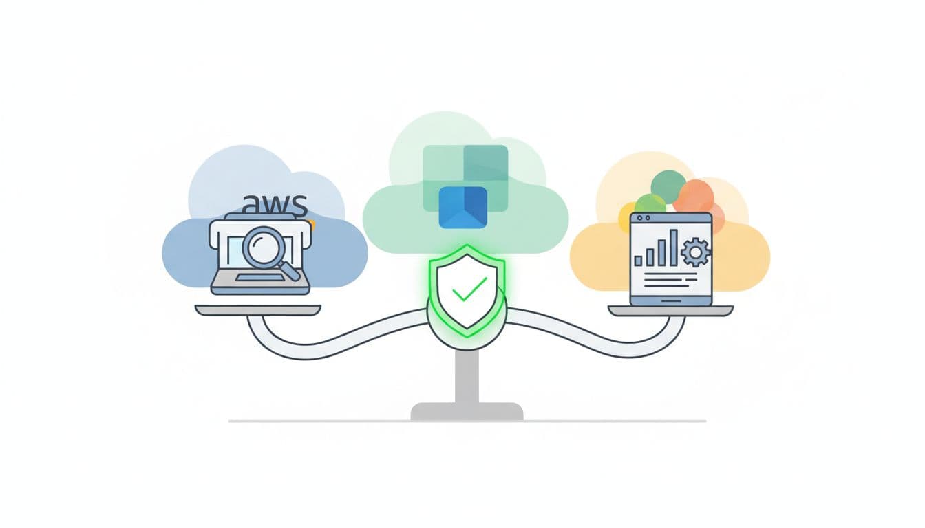 Modern illustration of a balanced scale comparing icons for scanner, validator, and manager tools against AWS, Azure, and GCP cloud backgrounds, with green highlights on the validation tool, using clean lines and neutral tones.