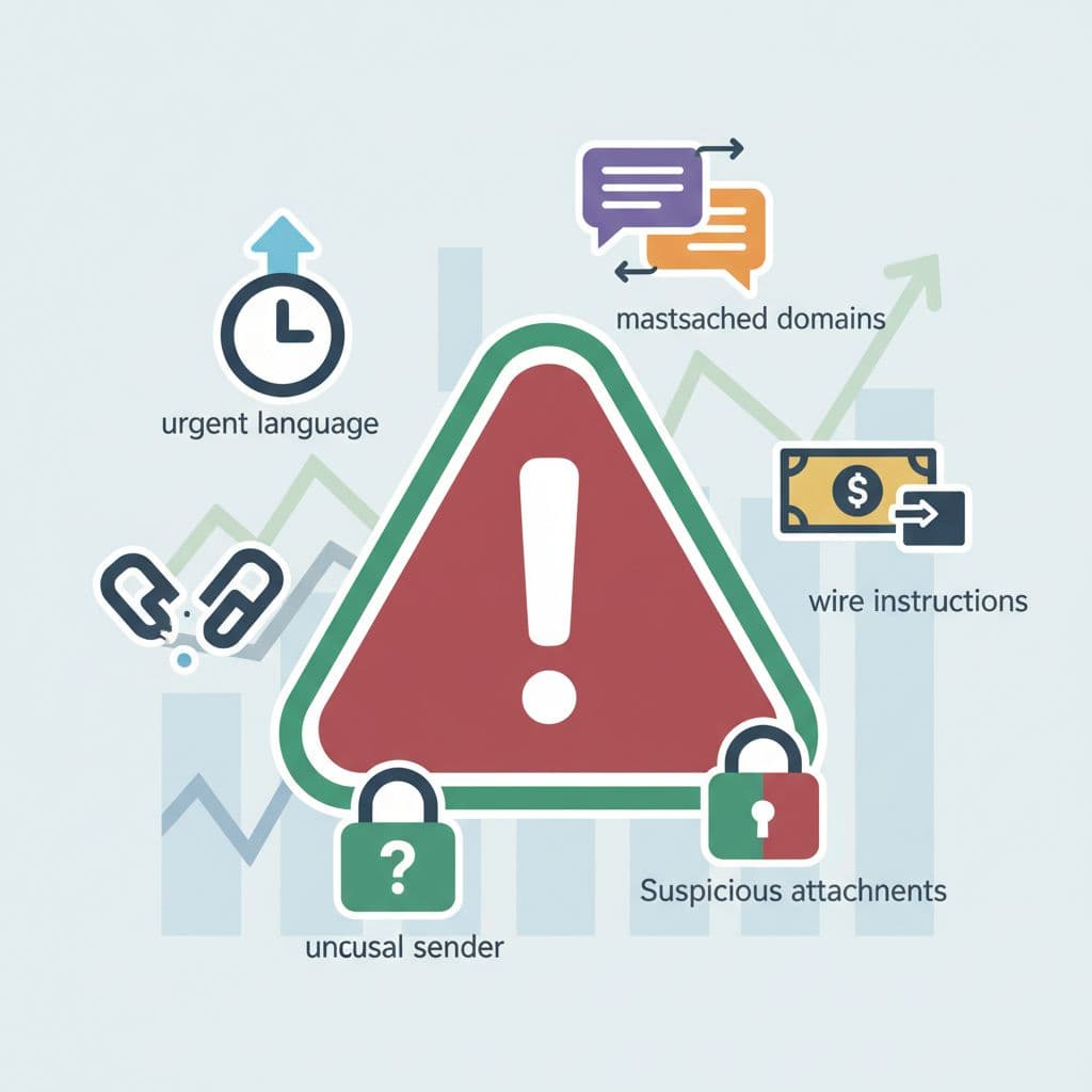 Modern illustration of five key red flags for Business Email Compromise (BEC) as checklist icons floating around a central warning sign on a subtle finance background with charts.
