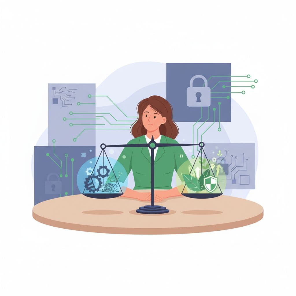 Modern illustration of a business owner at a table using scales to weigh pros and cons of hiring options, with cybersecurity elements in the background; simple composition, soft lighting, and green accents for positive elements.