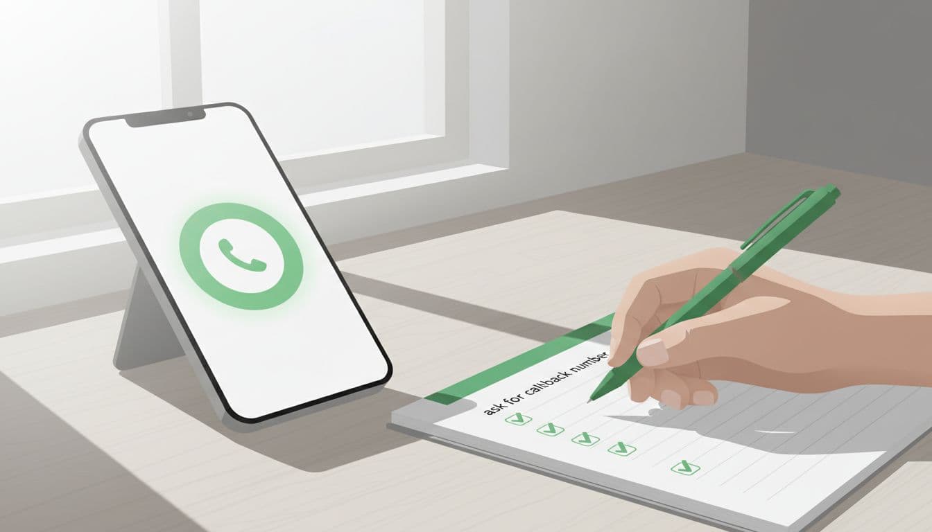 Modern illustration of a simple office desk with phone and notepad featuring verification steps like 'ask for callback number', relaxed agent hand holding pen, natural window light, clean shapes and #22C55E accents.