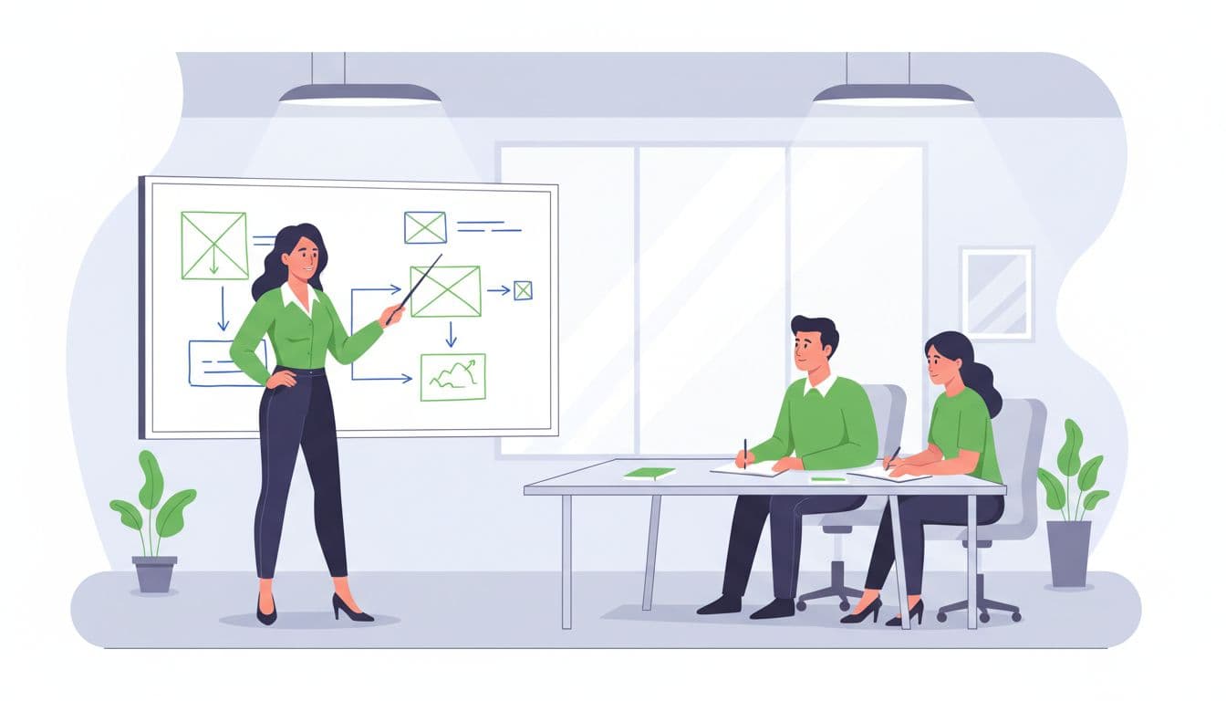 Modern illustration of a candidate presenting a project on a whiteboard to a small interview panel in a conference room, emphasizing engagement, dynamic composition, clean shapes, and bright lighting with green accents.