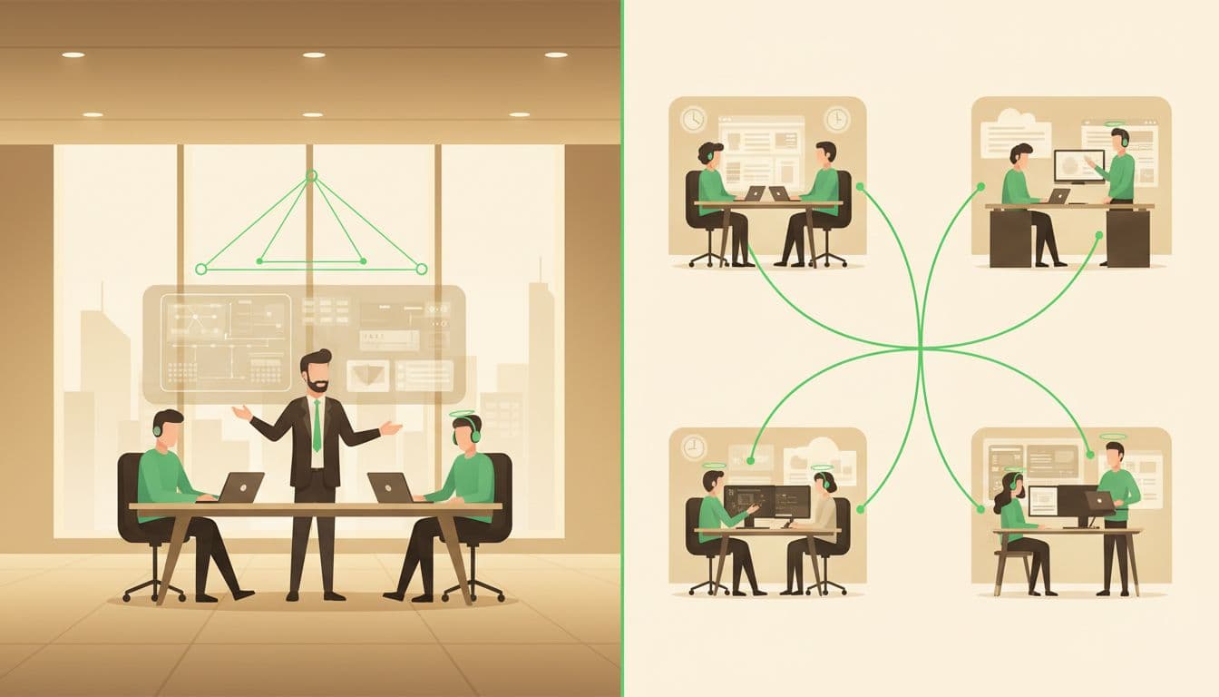 Modern split-composition illustration contrasting a centralized security team model on the left with CISO and engineers in a single office hub, against an embedded model on the right with security champions distributed across dev, engineering, and product teams; clean environments, warm lighting, green accents, exactly six people.