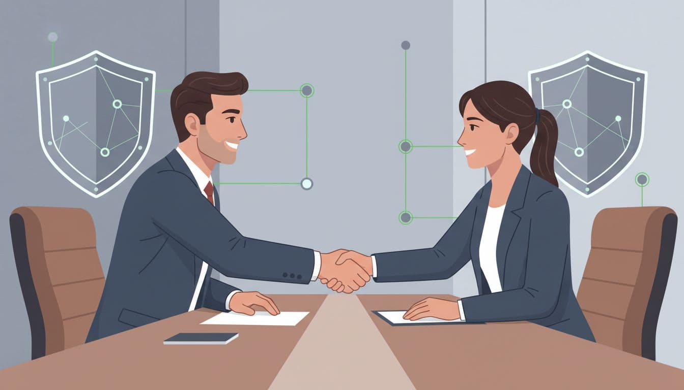 Confident cybersecurity leader shakes hands with executive recruiter in modern boardroom with subtle digital shields and network nodes, side view illustrating successful CISO search partnership in clean illustration style.