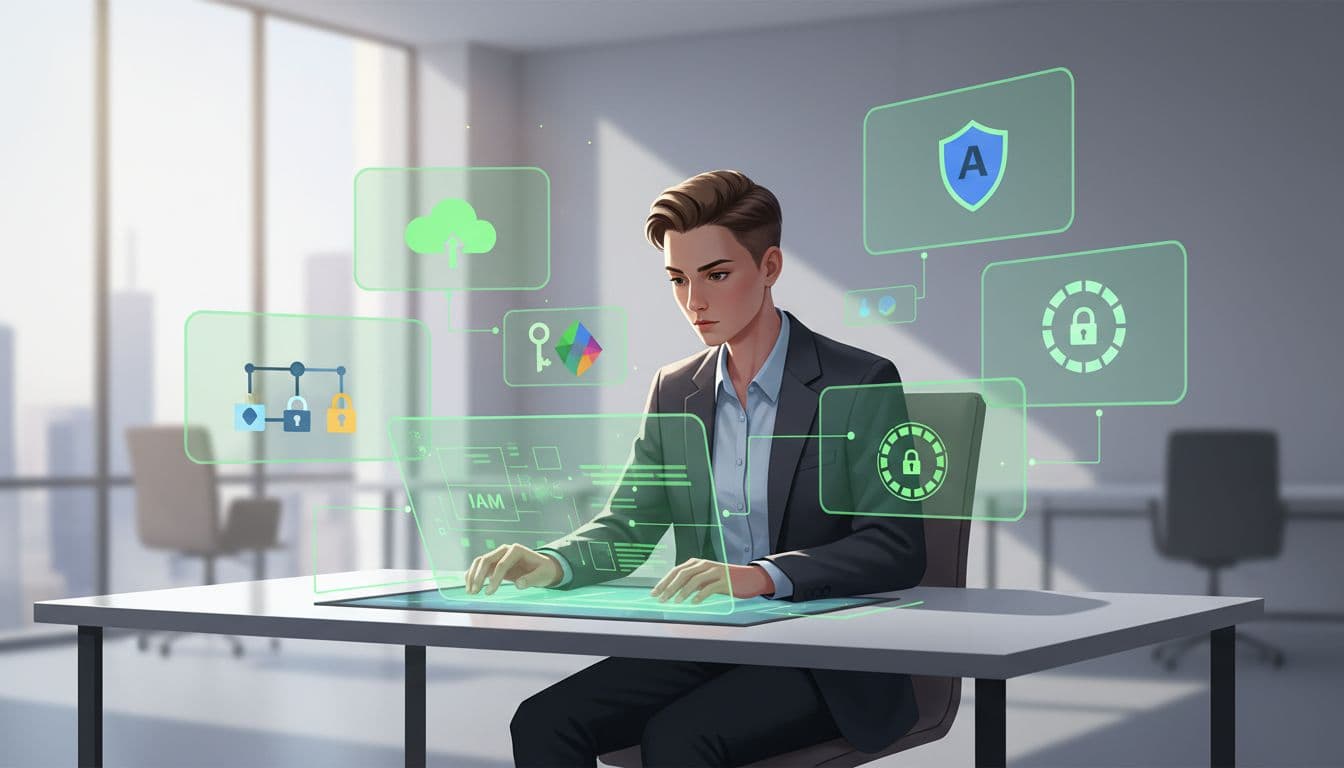 A focused cloud security architect sits at a modern desk in a bright office, surrounded by floating screens with subtle icons for AWS, Azure, GCP, IAM, and zero trust network security.