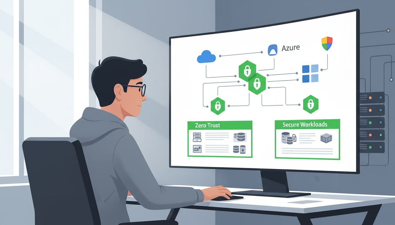 Modern illustration of a cloud security architect at a desk reviewing a multi-cloud architecture diagram on a large screen, featuring AWS, Azure, GCP icons, zero trust elements, and secure workloads with clean shapes and green security accents.