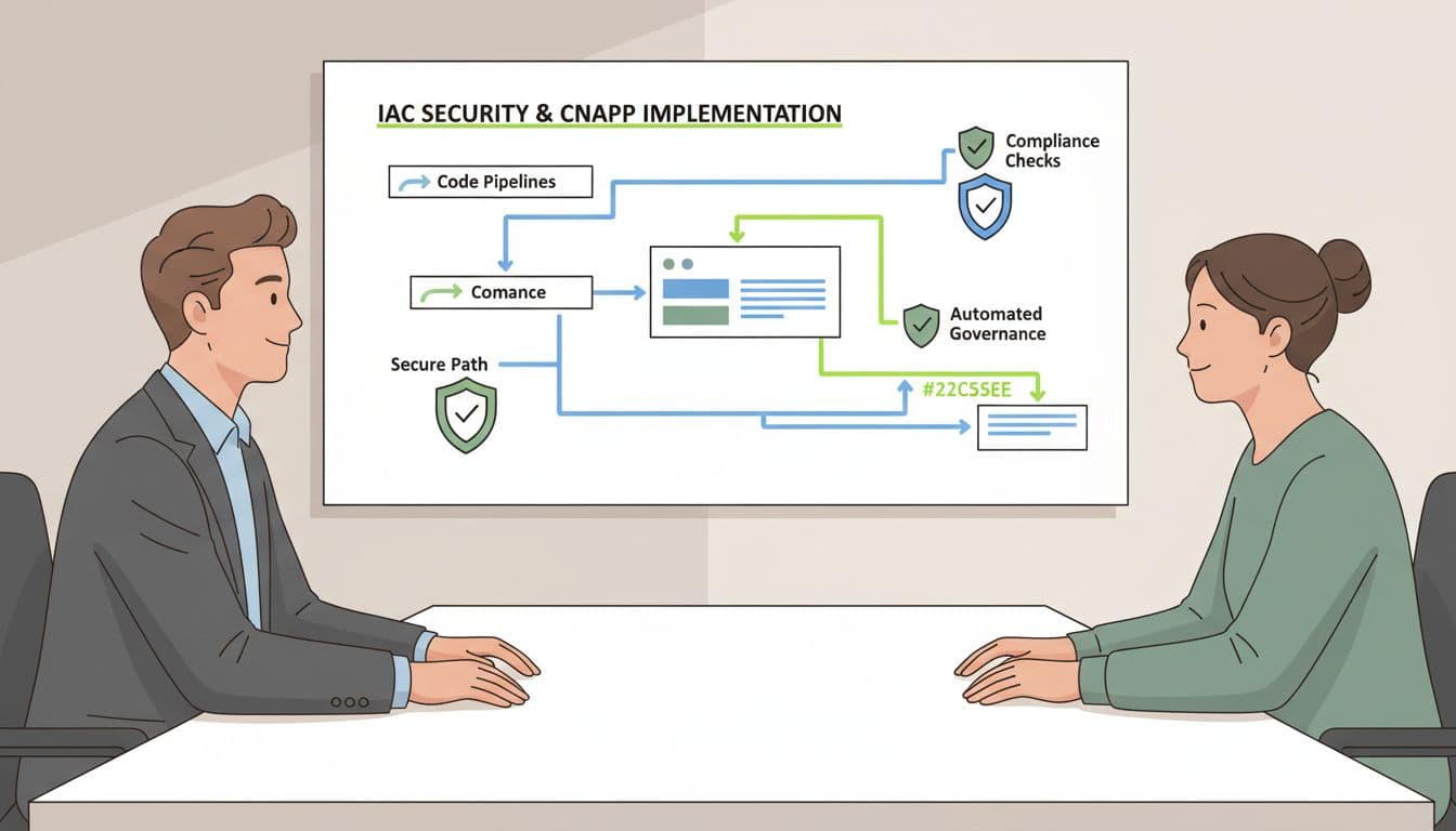 Modern illustration depicting a hiring manager and cloud security architect in a relaxed side-view interview discussing a whiteboard diagram of IaC security and CNAPP implementation, with simple icons for code pipelines and compliance checks highlighted in green.