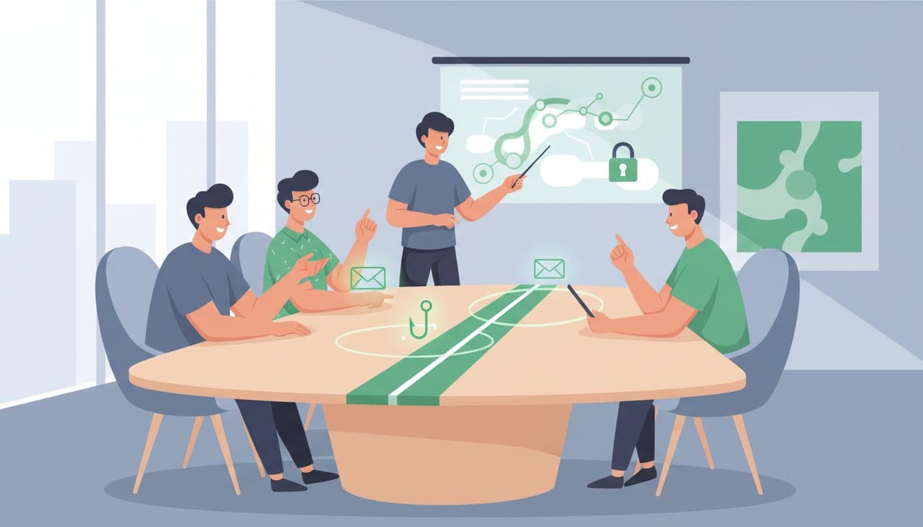 Modern illustration of a manager leading a short security training session on a tablet in a conference room, with an engaged team of four discussing a phishing example using clean shapes and green accents.