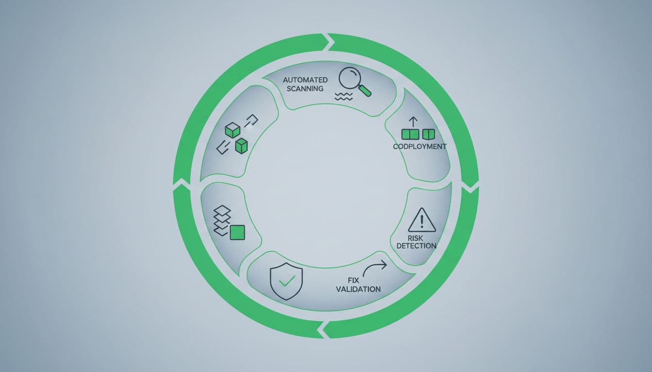 Modern illustration of a continuous security testing workflow loop featuring code deployment, automated scanning, risk detection, prioritization, fix validation, and redeployment in a central circular pipeline diagram with soft blues, grays, and green accents.