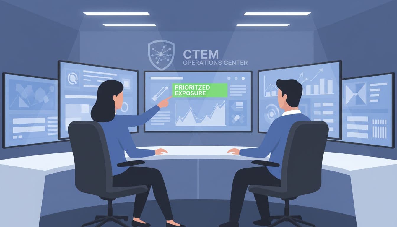 Modern illustration of a cybersecurity team in a control room reviewing threat data on screens, with one person pointing to a prioritized exposure on a dashboard. Clean office setting with two people, relaxed poses, controlled colors accented by green highlights.