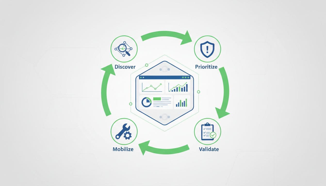Modern illustration in clean shapes depicting the continuous cycle of threat exposure management: discover, prioritize, validate, mobilize stages around a central dashboard with graphs and looping arrows.