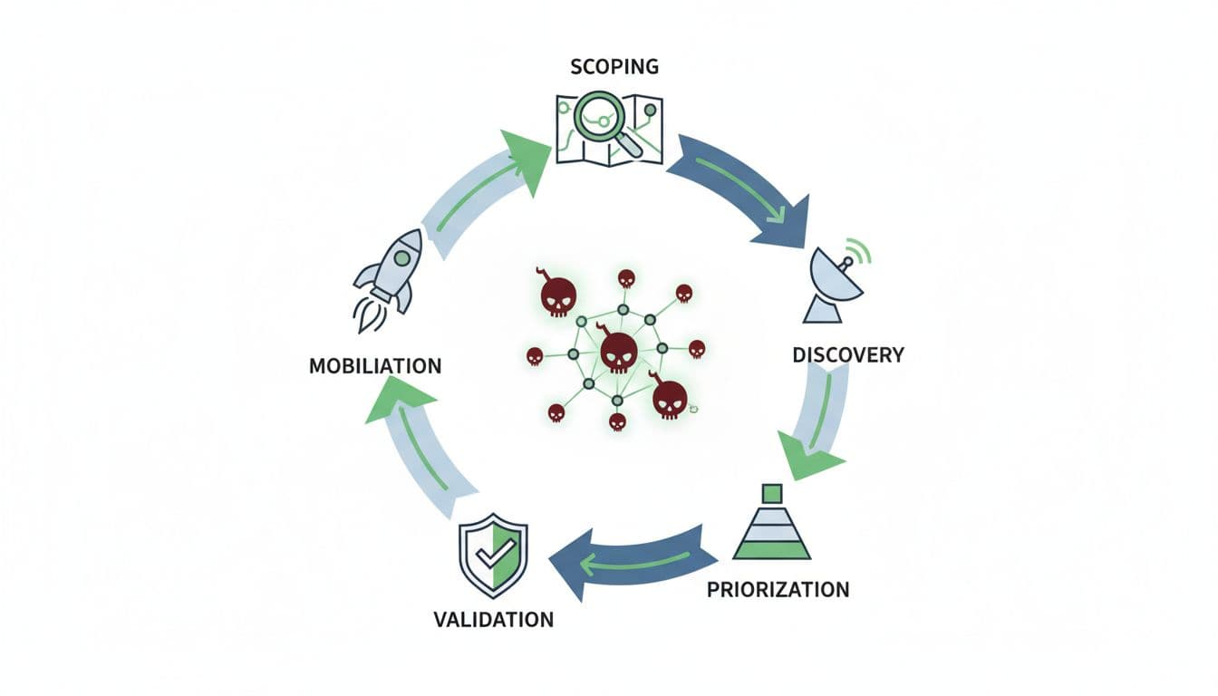 Modern illustration of the continuous threat exposure management (CTEM) cycle as a looping process with icons for scoping, discovery, prioritization, and mobilization stages. Central hub features a network with threats, using clean shapes, controlled colors with #22C55E accents, and strong overhead composition.