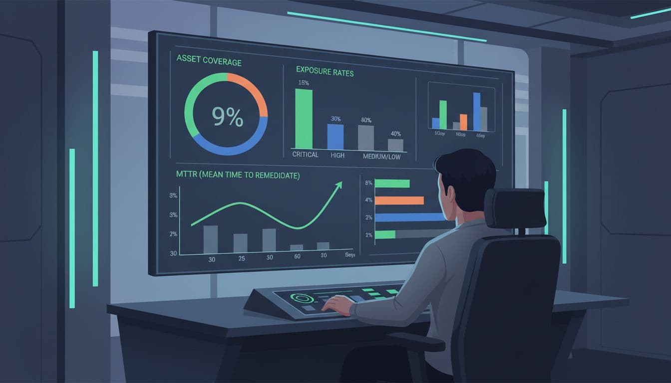 A modern security dashboard in a control room displays CTEM metrics charts for asset coverage, exposure rates, and MTTR, with colorful graphs and bars highlighted in green accents. One security analyst seated in front views the central large screen in a clean, illustrative style.