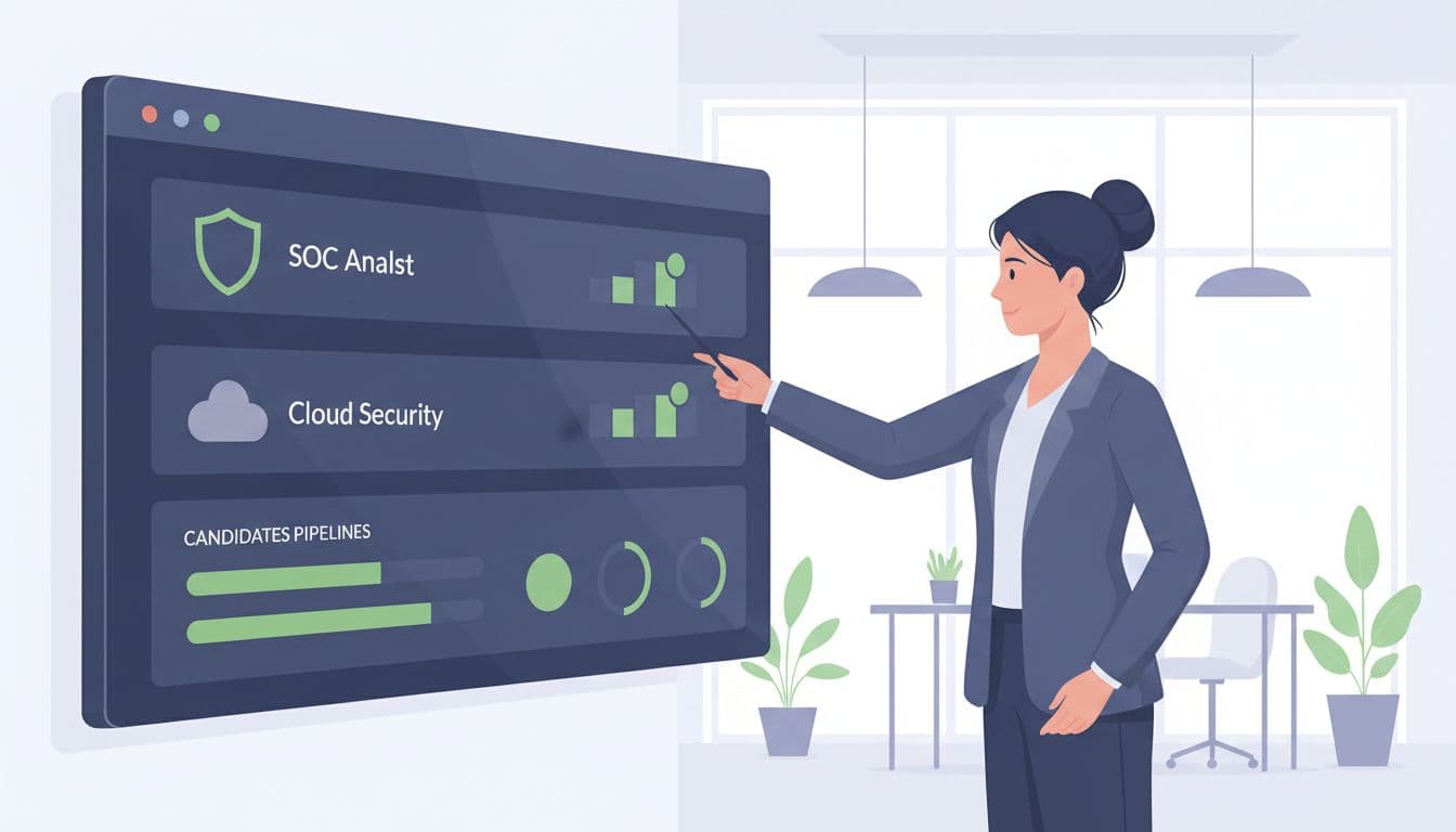 Illustration of a recruiter pointing at a large screen displaying a recruiting dashboard with candidate pipelines for cyber roles like SOC analyst and cloud security, featuring green progress bars in a modern office setting.