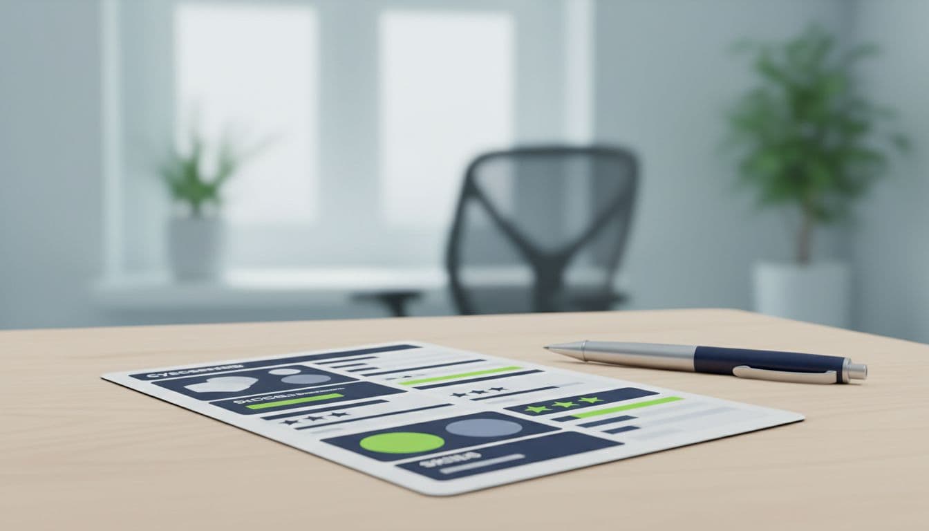 Modern illustration of a cybersecurity candidate scorecard for skills assessment on a wooden desk with a nearby pen, using clean shapes and green highlights in a subtle office setting.