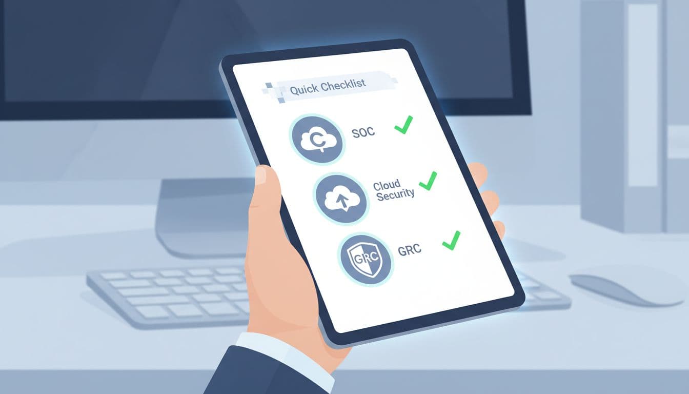 Modern illustration of a hand holding a digital tablet with a cybersecurity-themed checklist featuring SOC, cloud, and GRC skills badges, clean shapes, green checkmark accents, and a simple desk background.