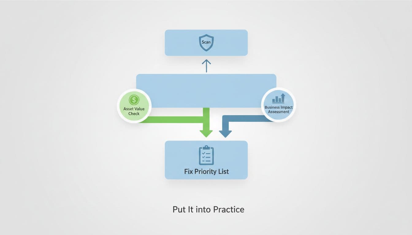 Modern illustration of a flowchart for the exposure prioritization process, starting with a scan, branching to asset value and business impact assessments, and ending in a fix priority list. Features clean shapes, symbolic icons like shields and dollar signs, and a green priority path.