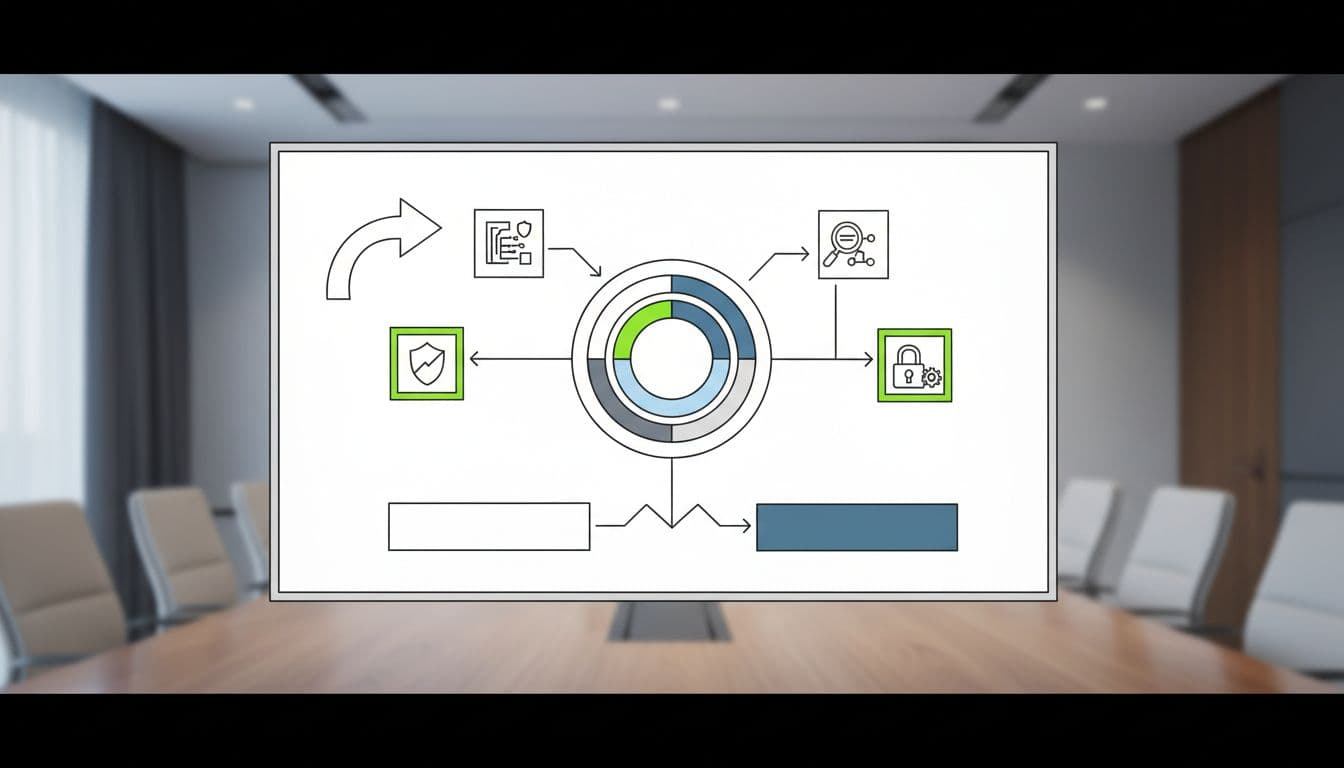Modern illustration of a cybersecurity interview evaluation framework on a whiteboard in a conference room, featuring clean shapes, controlled colors with green accents, and simple diagrams.
