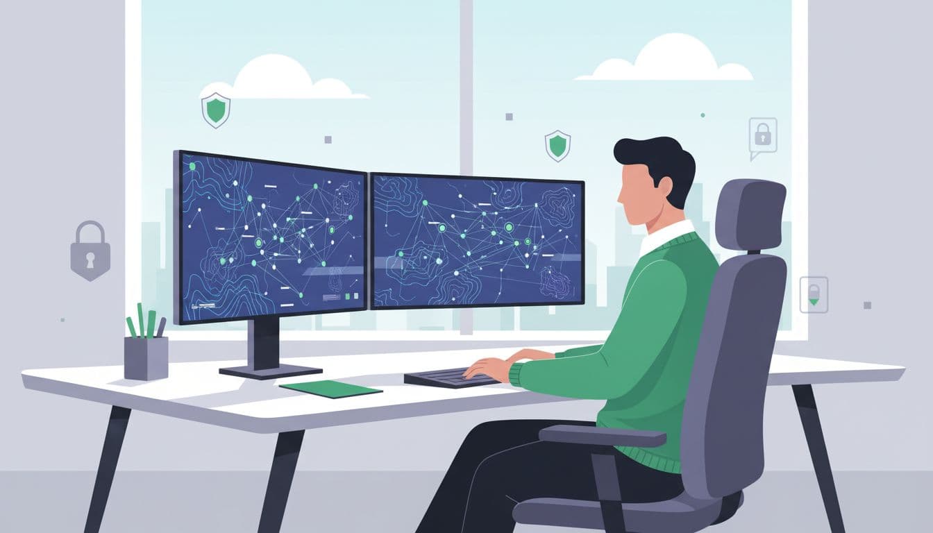 Modern illustration of a cybersecurity professional in an office setting reviewing threat maps on dual monitors, surrounded by subtle shield and lock icons, highlighting internal cybersecurity capabilities with natural window light.