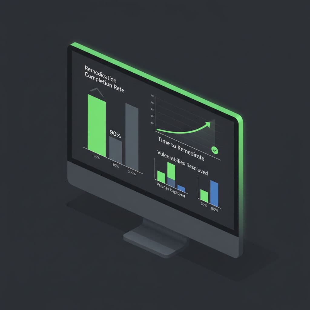Modern illustration of a cybersecurity metrics dashboard on a single monitor with simple bar charts and line graphs showing remediation progress like completion rate and time to remediate.
