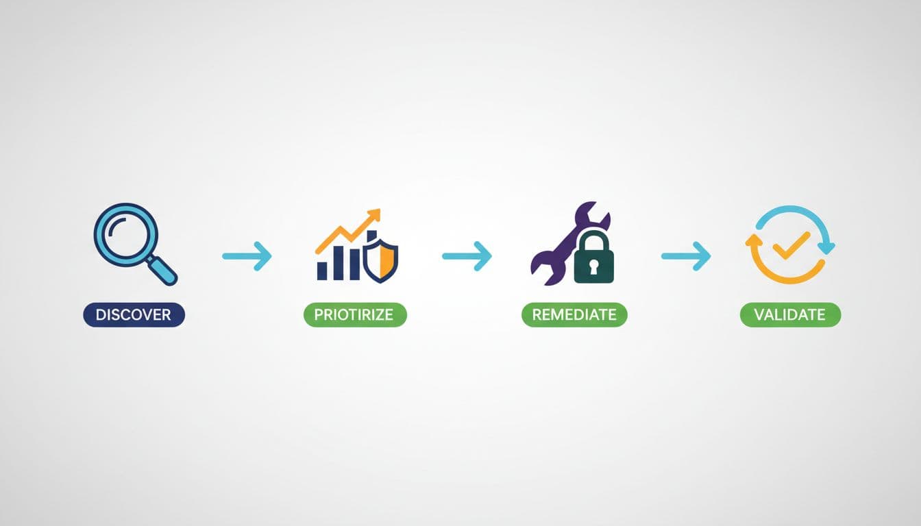 Modern horizontal illustration of a remediation roadmap timeline for cybersecurity exposures, with icons for discover, prioritize, remediate, and validate stages connected by arrows and highlighted milestones.