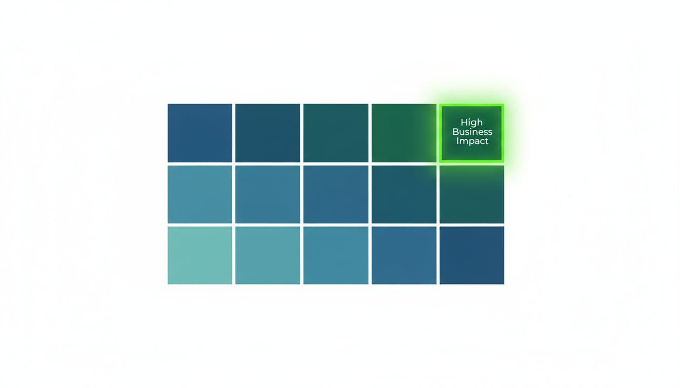 Modern flat design illustration of a cybersecurity risk matrix with severity increasing left to right and business impact bottom to top, high-risk quadrant glowing in green.