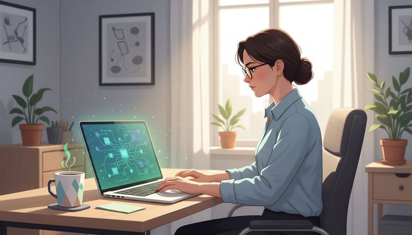 Modern illustration of a cybersecurity professional taking a skills assessment on a laptop in a home office, featuring abstract code or network diagrams on screen, focused expression, coffee mug nearby, clean style with green accents and natural light.