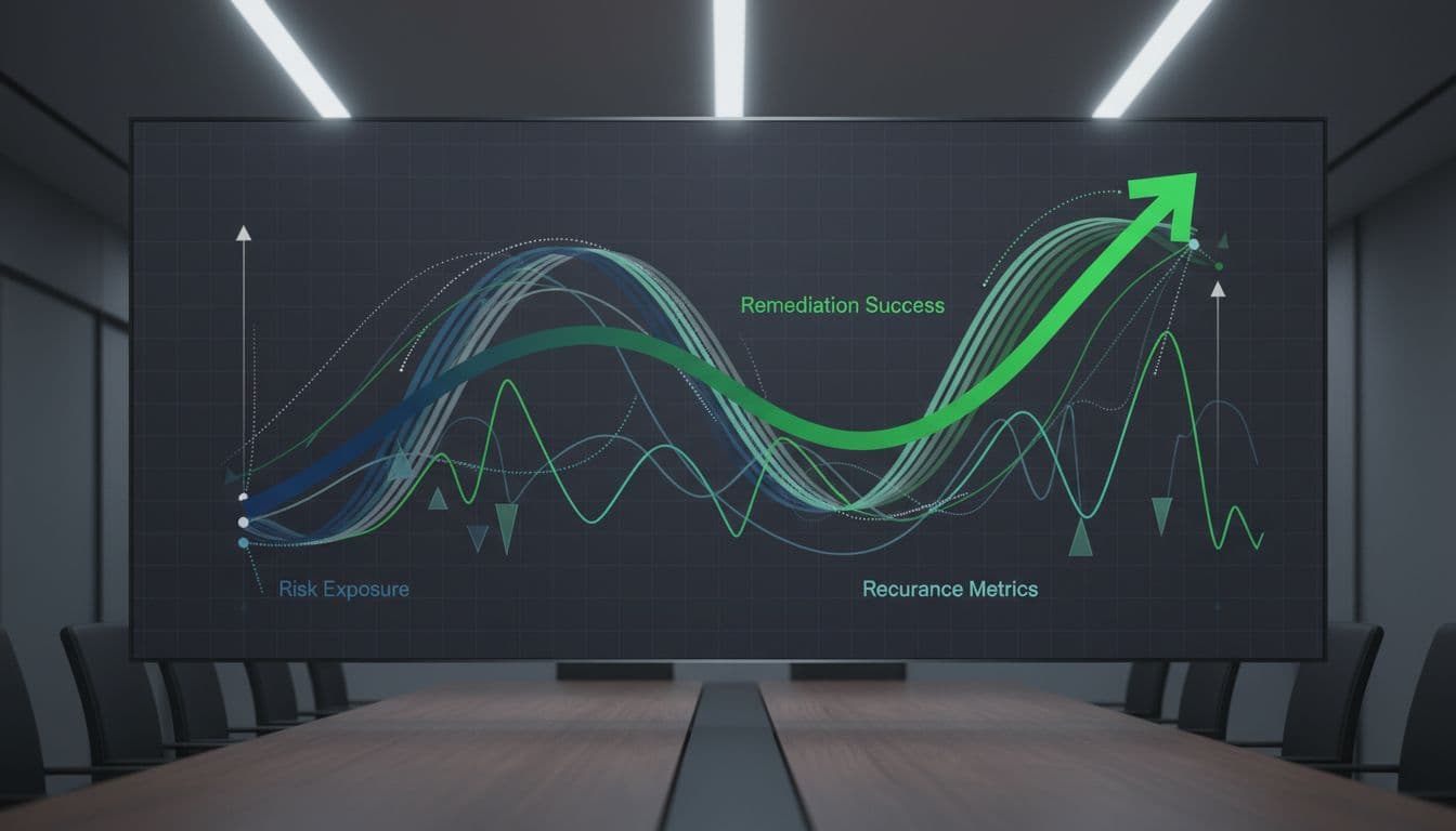 Trend chart illustration depicting decreasing risk exposure over time with upward remediation success, featuring graphs and lines on a digital boardroom display in modern style.