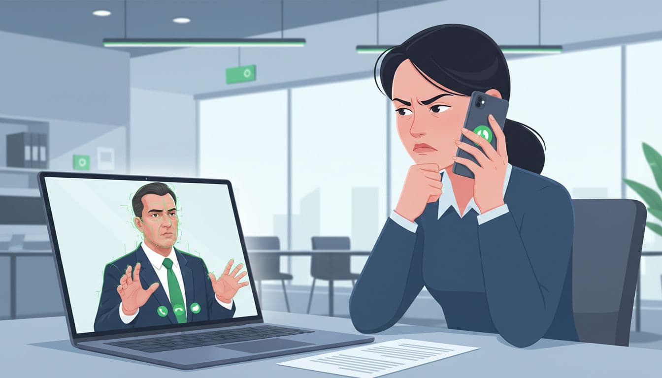 Illustration depicts a skeptical finance employee at a desk viewing a deepfake video call of a fake executive on a laptop screen, phone in hand ready to verify the request. Modern office background with clean shapes, controlled colors accented by green highlights, emphasizing AI impersonation risks in finance.