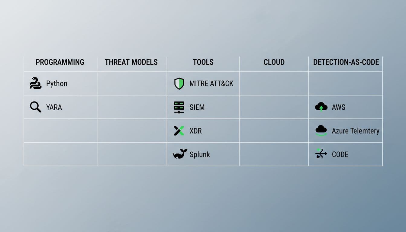 Modern illustration of a skills matrix table for detection engineers, featuring categories like programming (Python, YARA), MITRE ATT&CK threat models, tools (SIEM, XDR, Splunk), cloud telemetry (AWS, Azure), and detection-as-code in a clean grid with icons and green accents.