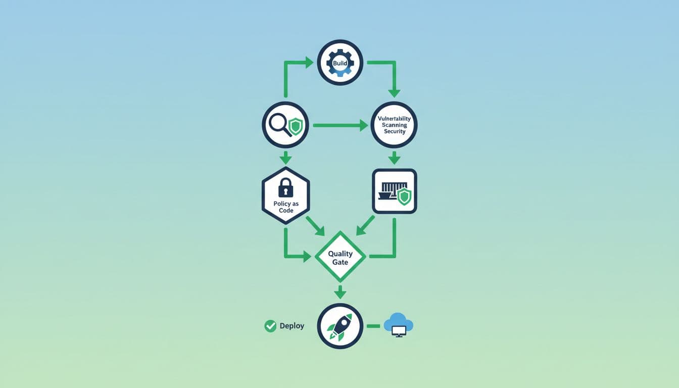 Modern vector illustration of a flowchart depicting a secure CI/CD pipeline, featuring icons for vulnerability scanning, management, container security, and policy as code. Nodes connected by green arrows on a simple gradient background with clean shapes, centered composition.