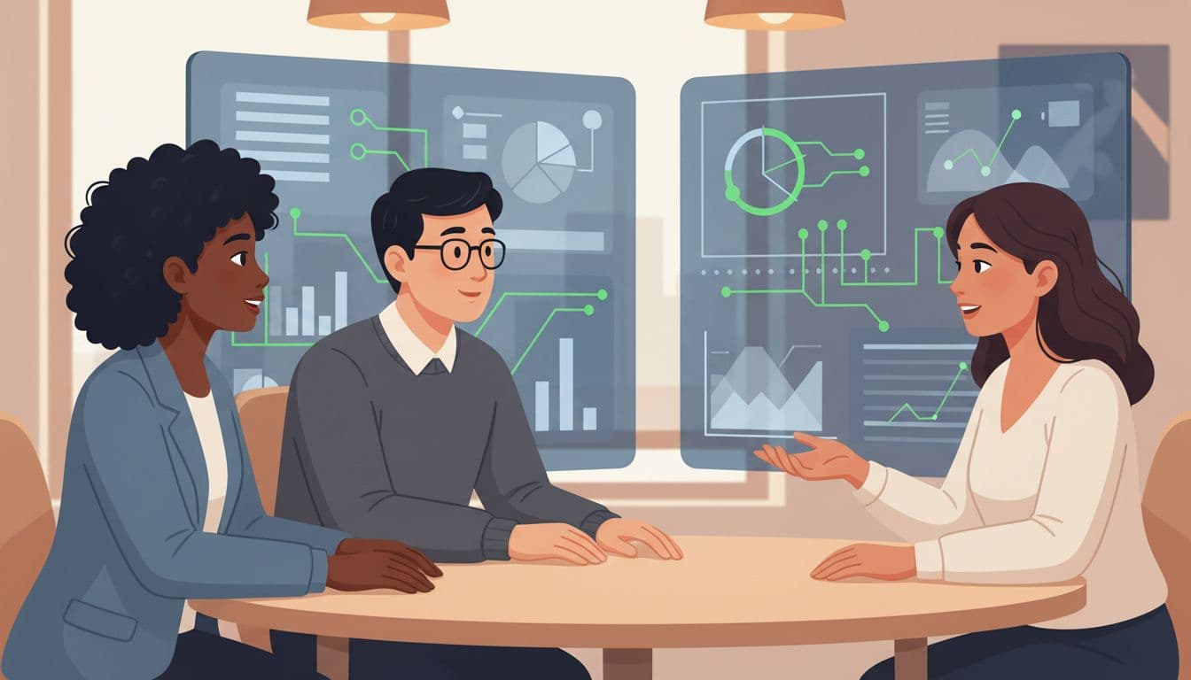 Modern illustration of a diverse interview panel with two interviewers and one candidate seated around a table in discussion, subtle cybersecurity charts in the background, relaxed natural poses focusing on collaboration.