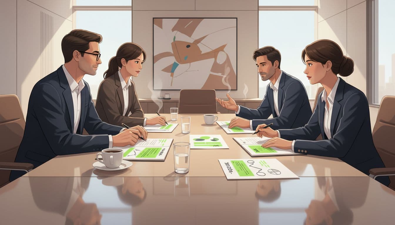 Modern illustration of four diverse executives discussing around a conference table with agenda notes, coffee cups, and highlighted documents; side view emphasizing collaboration in soft office lighting.
