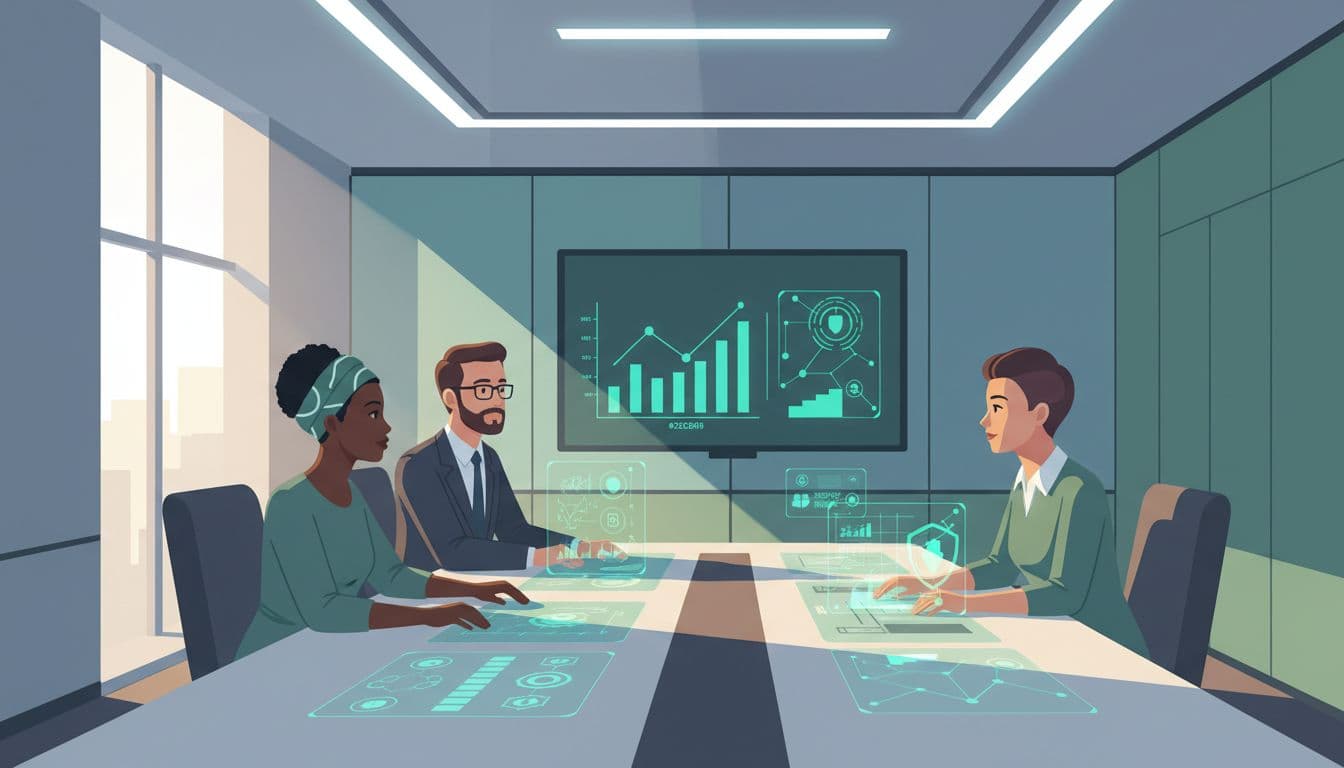 Modern illustration of three diverse business leaders in a conference room, seated around a table with charts, engaged in discussing security strategies under warm natural lighting with a green and blue palette.