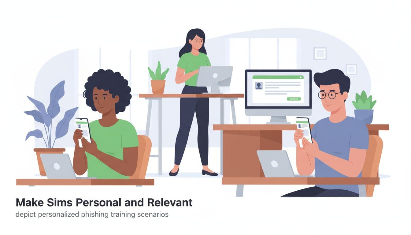 Modern illustration of diverse employees in an office setting receiving tailored phishing simulation emails on phones and computers, with personalized elements like company branding hints, clean shapes, and green accents on devices.