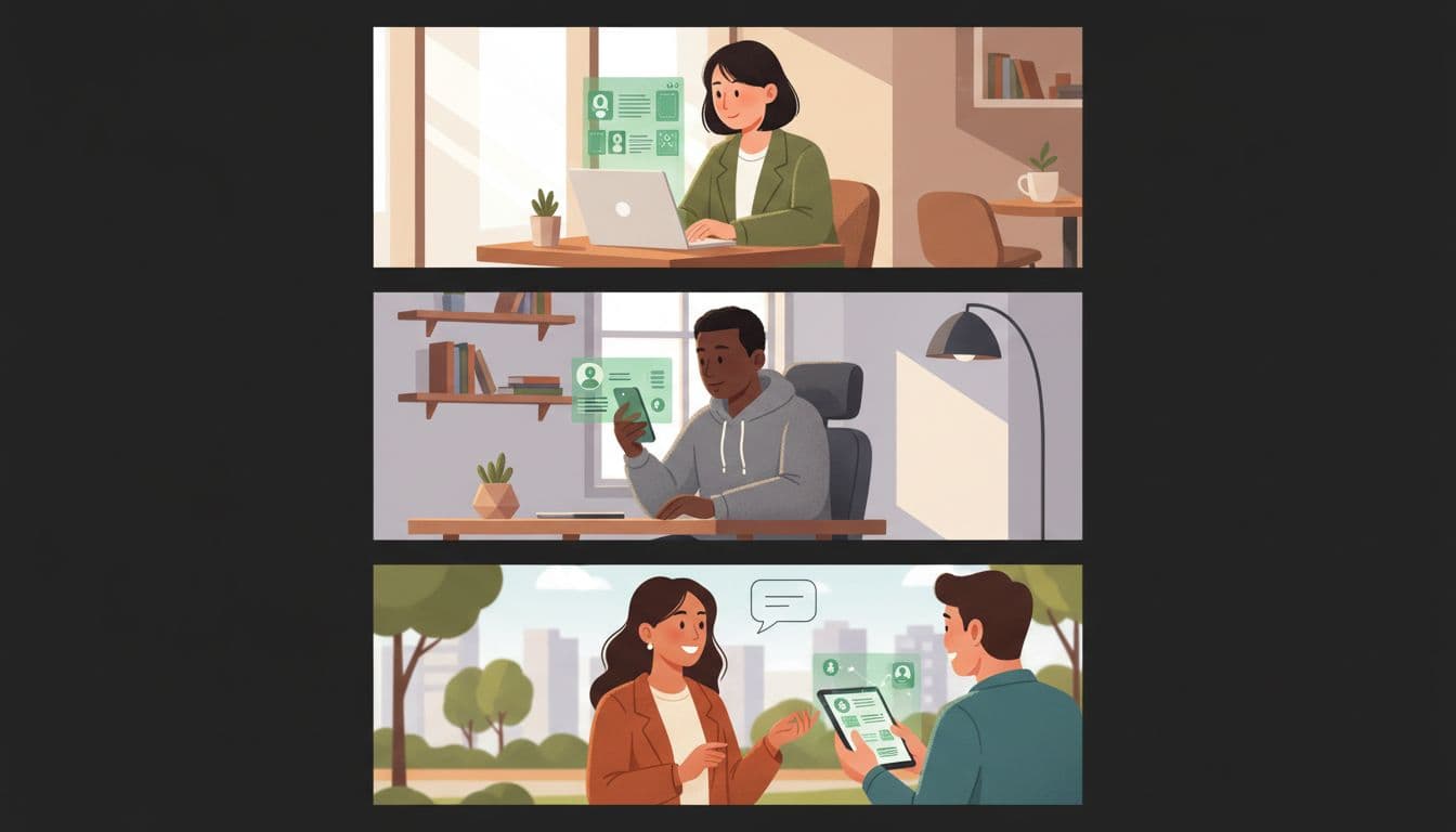Modern illustration of three diverse professionals job searching: browsing listings on a laptop at a cafe, scrolling a mobile app at a home desk, and networking at a casual meetup.