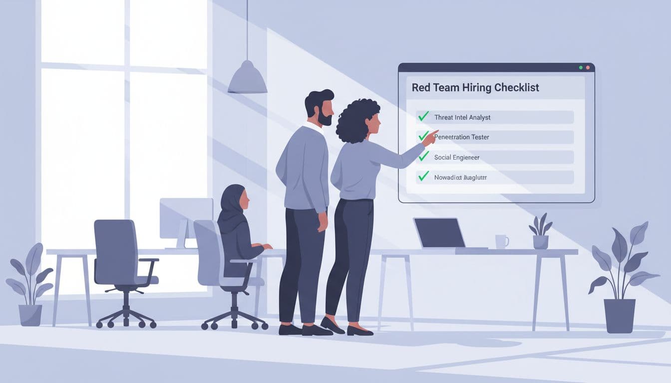 Modern illustration of a diverse security team in a modern office reviewing a digital checklist on a shared screen, with one person pointing to items using clean shapes and green accents.