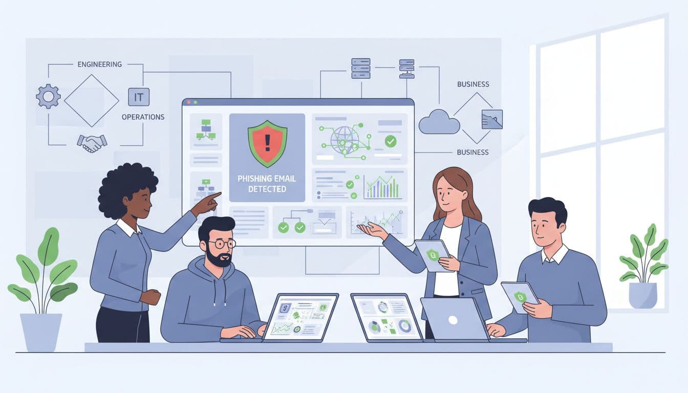 Modern illustration of a diverse team of security champions from engineering, IT, operations, and business departments collaborating in a hybrid office with laptops and screens displaying security dashboards, one pointing to a phishing email alert.