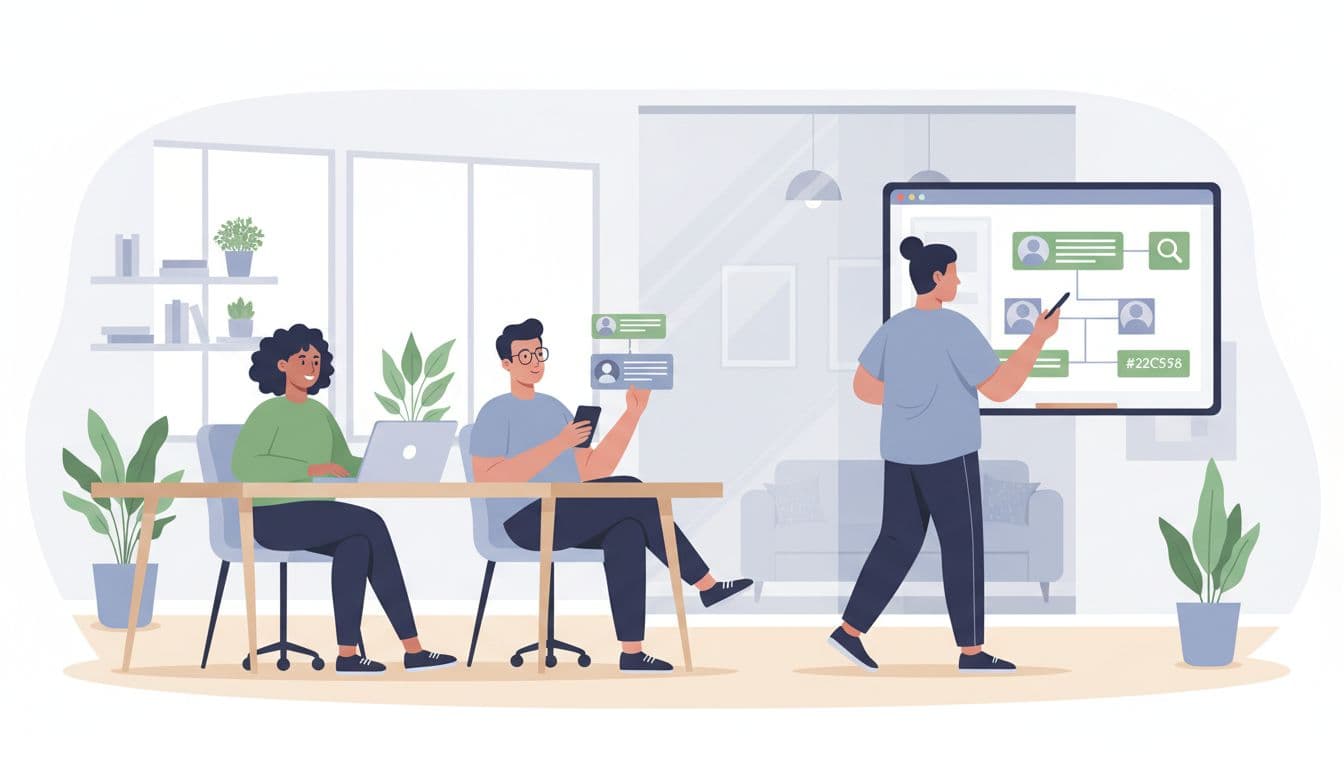 Illustration of a diverse team of three using laptops and phones to source candidates from online platforms in a bright collaborative workspace, modern style with clean shapes, green screen accents, natural daylight.
