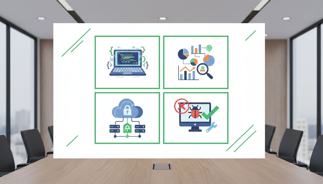Modern illustration featuring icons of software engineer coding, data analyst charting, DevOps managing servers, and QA tester debugging, arranged in a competency matrix grid on a whiteboard with conference room background.