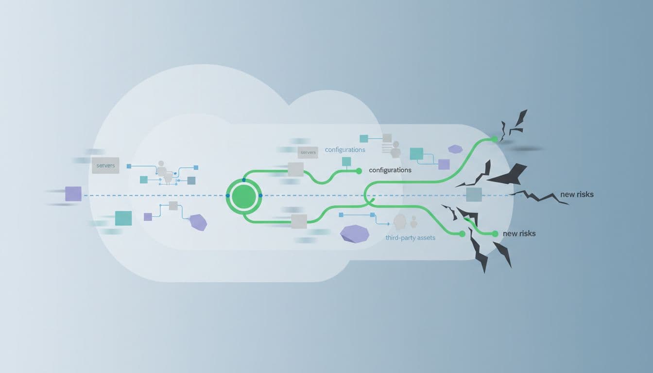 Modern illustration of a central timeline showing point-in-time security scans in a dynamic cloud environment with continuously changing servers, configurations, identities, and third-party assets, where new risks like cracks and shadows emerge between scans. Background in soft blues and grays with secure paths accented in green.