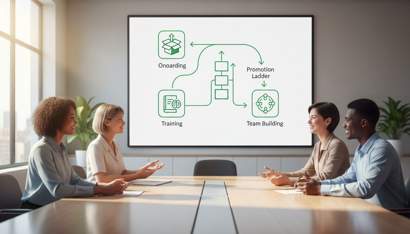 Modern illustration of a flowchart on a whiteboard in a bright meeting room depicting onboarding, training, promotion ladder, and team building, with a happy diverse group of four people discussing.