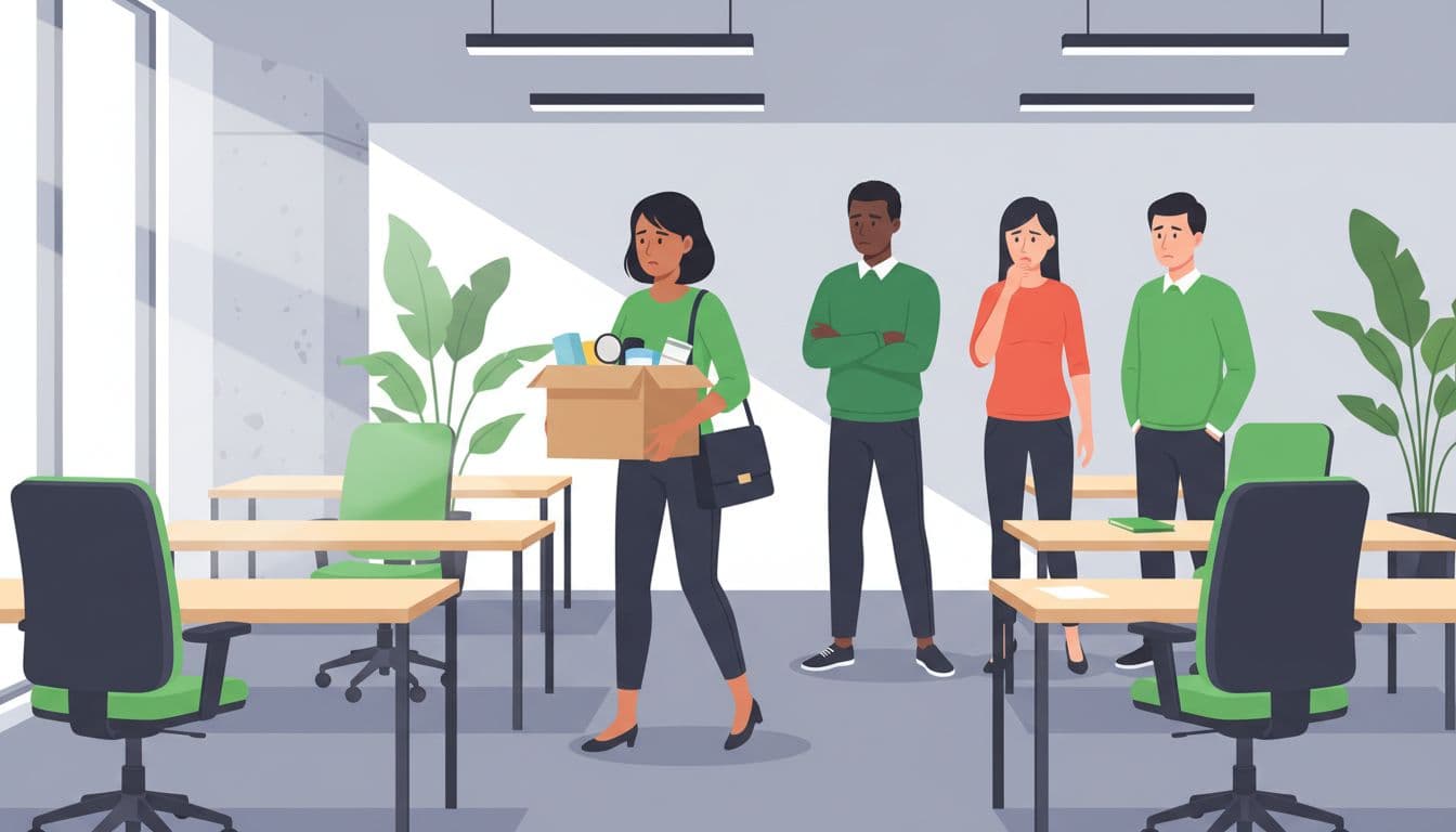 Modern illustration depicting a diverse office team with concerned and frustrated expressions watching one employee pack a box to leave, highlighting the emotional impact of high turnover amid empty desks.