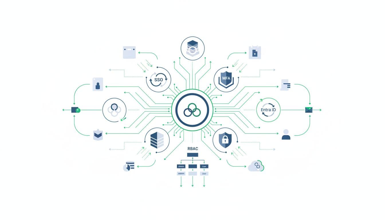 Modern illustration of interconnected IAM tools including SSO, MFA, Okta, and Entra ID in a complex enterprise network diagram with clean shapes and green accents.