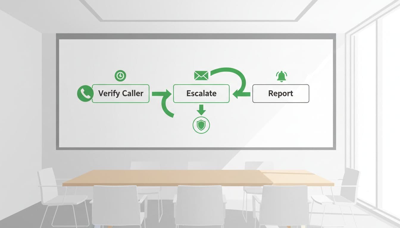 Modern illustration of a flowchart on a whiteboard in an empty conference room, showing steps: Verify Caller, Escalate to Security, Report, with clean icons for phone, email, alert, and green highlighted arrows.